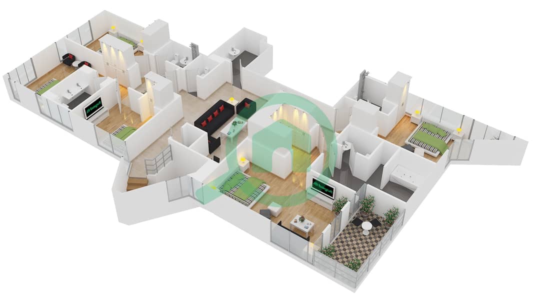 المخططات الطابقية لتصميم النموذج A / DUPLEX FLOOR بنتهاوس 6 غرف نوم - برج المرجان Upper interactive3D