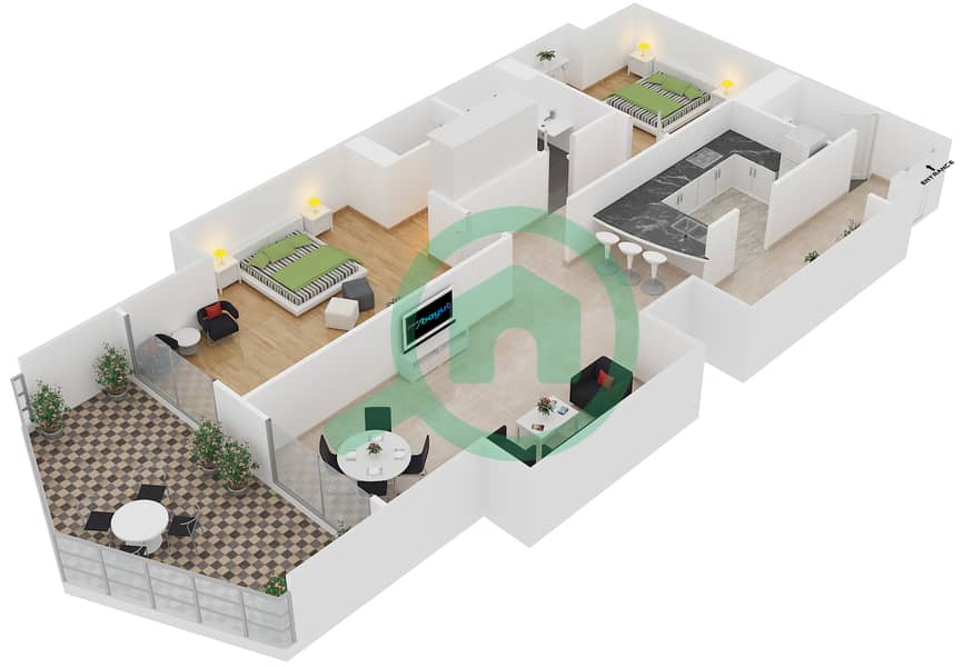 Al Murjan Tower - 2 Bedroom Apartment Unit 09,07 / FLOOR 2-23 Floor plan interactive3D