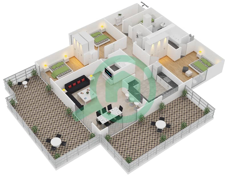 المخططات الطابقية لتصميم الوحدة 01, 03 / FLOOR 32 شقة 3 غرف نوم - برج المرجان interactive3D