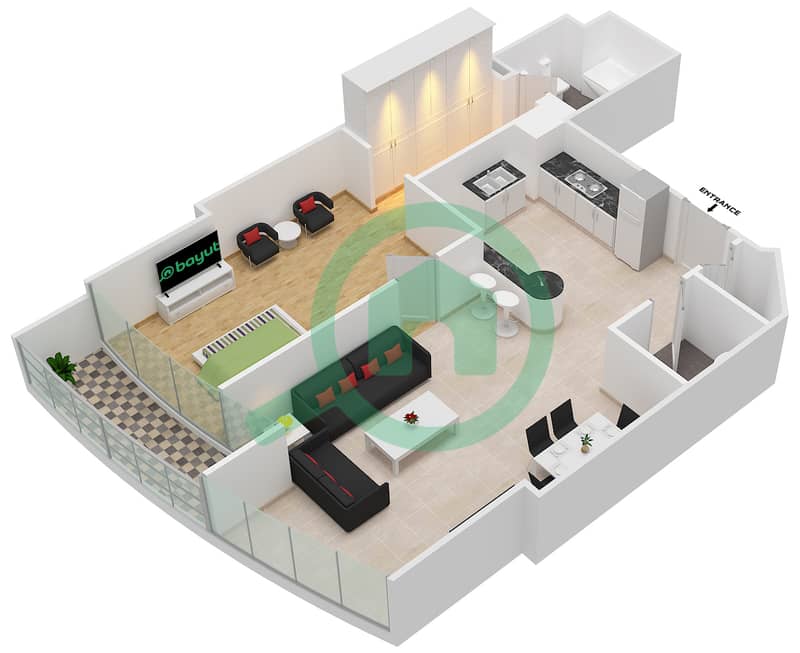 المخططات الطابقية لتصميم النموذج A شقة 1 غرفة نوم - ذا تورش interactive3D