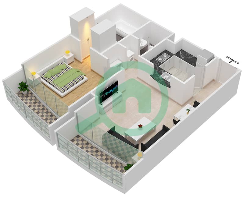 المخططات الطابقية لتصميم النموذج C شقة 1 غرفة نوم - ذا تورش interactive3D
