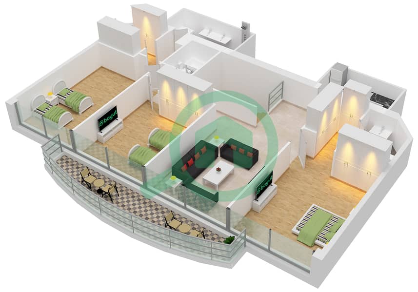 المخططات الطابقية لتصميم النموذج B بنتهاوس 3 غرف نوم - ذا تورش interactive3D