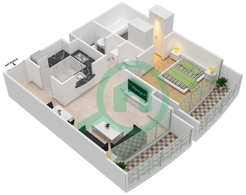 المخططات الطابقية لتصميم النموذج C1 شقة 1 غرفة نوم - ذا تورش interactive3D