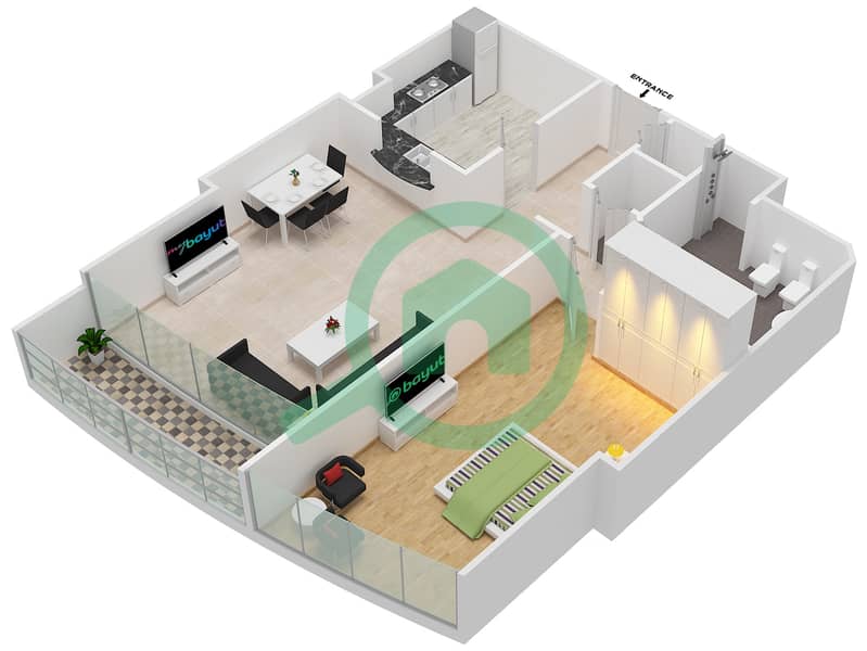 المخططات الطابقية لتصميم النموذج B شقة 1 غرفة نوم - ذا تورش interactive3D