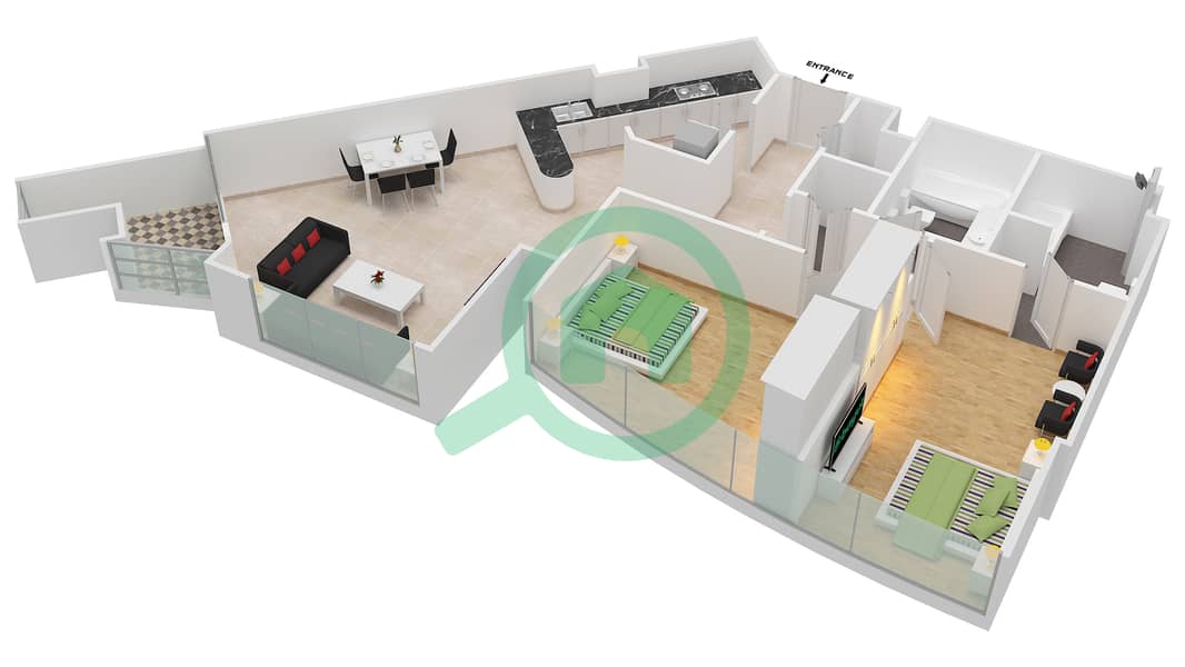المخططات الطابقية لتصميم النموذج B1 شقة 2 غرفة نوم - ذا تورش interactive3D