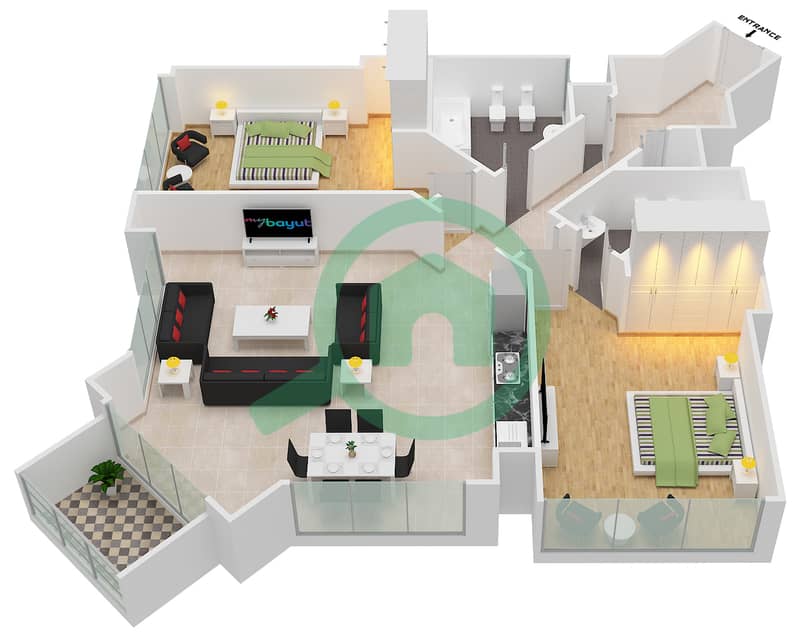 The Torch - 2 Bedroom Apartment Type A Floor plan interactive3D