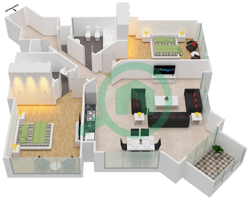 المخططات الطابقية لتصميم النموذج A1 شقة 2 غرفة نوم - ذا تورش interactive3D