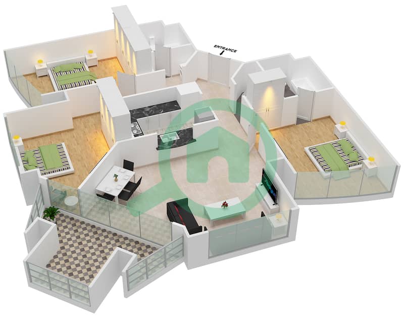 المخططات الطابقية لتصميم النموذج / الوحدة A / 1,3 شقة 3 غرف نوم - ذا تورش A / 1,3 interactive3D