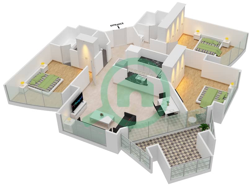 Торч - Апартамент 3 Cпальни планировка Тип A1 interactive3D