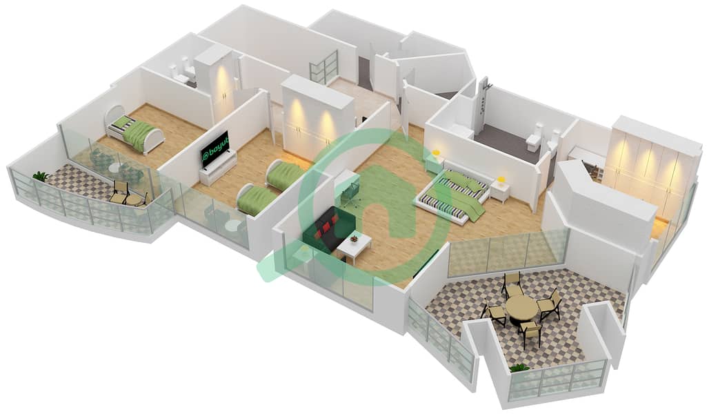 المخططات الطابقية لتصميم النموذج A بنتهاوس 3 غرف نوم - ذا تورش interactive3D