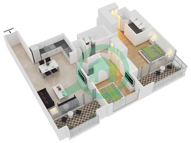 Downtown Views II Tower 1 - 2 Bedroom Apartment Unit 1 FLOOR 2-15,17-35 Floor plan Floor 2-15,17-35 interactive3D
