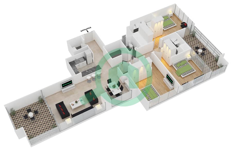 Downtown Views II Tower 1 - 3 Bedroom Apartment Unit 5 FLOOR 2-15,17-35 Floor plan Floor 2-15,17-35 interactive3D