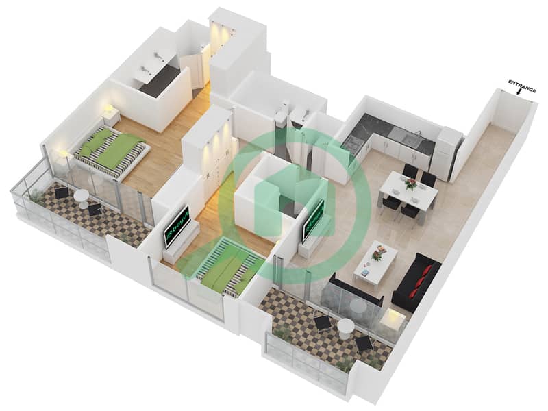 Downtown Views II Tower 1 - 2 Bedroom Apartment Unit 4 FLOOR 2-15,17-35 Floor plan Floor 2-15,17-35 interactive3D