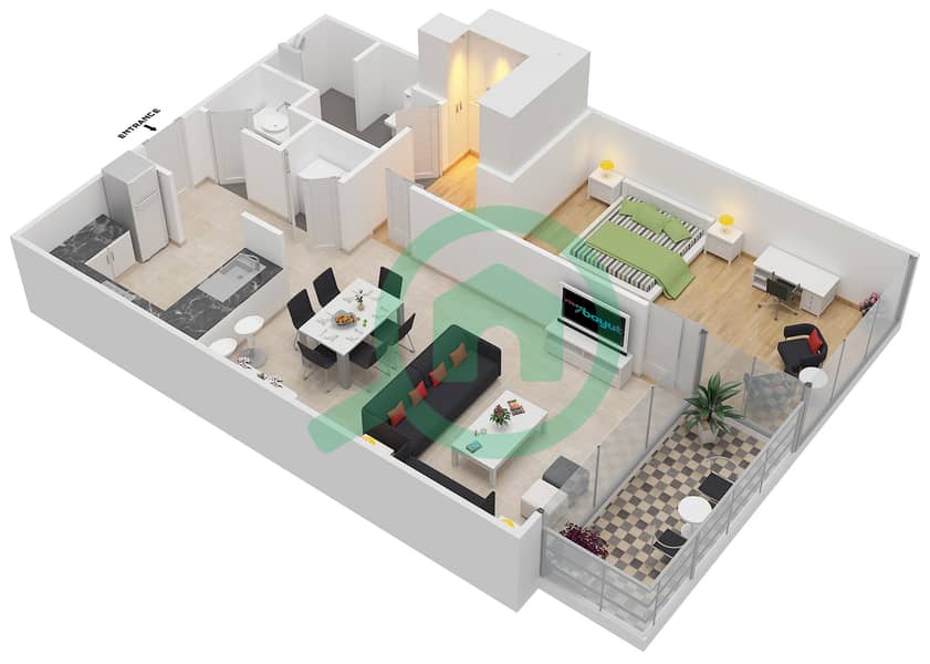 المخططات الطابقية لتصميم الوحدة 403 شقة 1 غرفة نوم - برج دي تي 1 interactive3D
