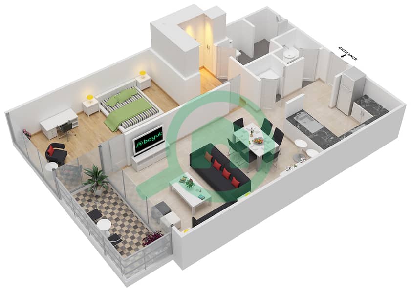 المخططات الطابقية لتصميم الوحدة 405 شقة 1 غرفة نوم - برج دي تي 1 interactive3D