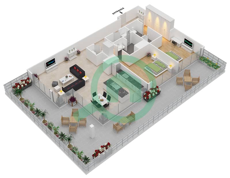المخططات الطابقية لتصميم الوحدة 302 شقة 2 غرفة نوم - برج دي تي 1 interactive3D