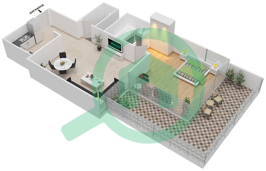 المخططات الطابقية لتصميم النموذج A شقة 1 غرفة نوم - إليت داون تاون ريزيدنس interactive3D