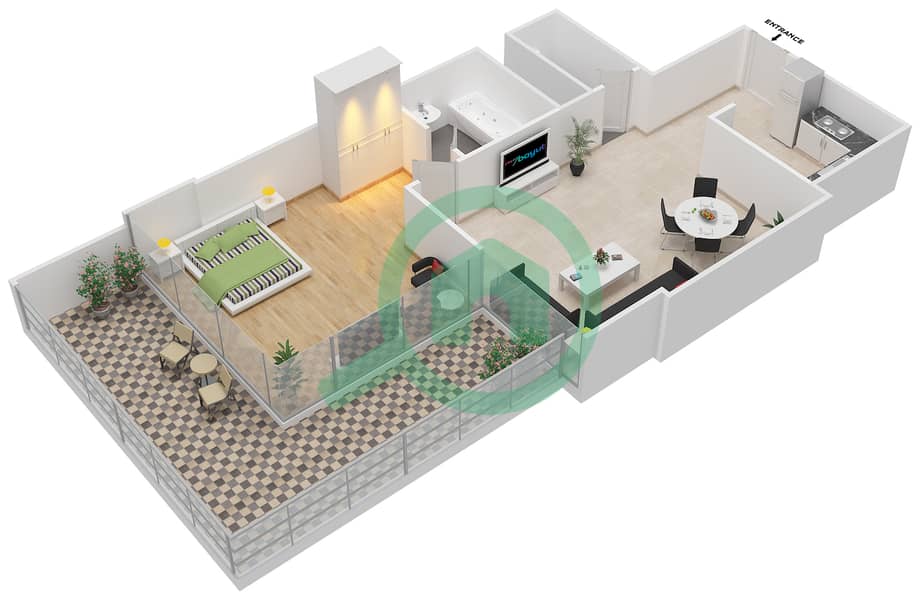 المخططات الطابقية لتصميم النموذج B شقة 1 غرفة نوم - إليت داون تاون ريزيدنس interactive3D