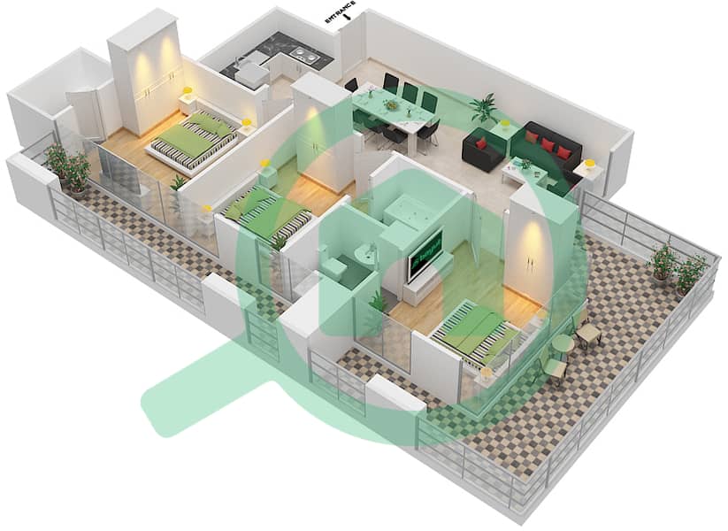 المخططات الطابقية لتصميم النموذج C شقة 3 غرف نوم - إليت داون تاون ريزيدنس interactive3D