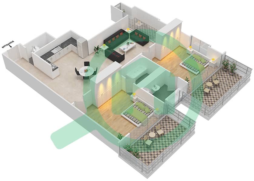 Elite 1 Downtown Residence - 2 Bedroom Apartment Type D Floor plan interactive3D