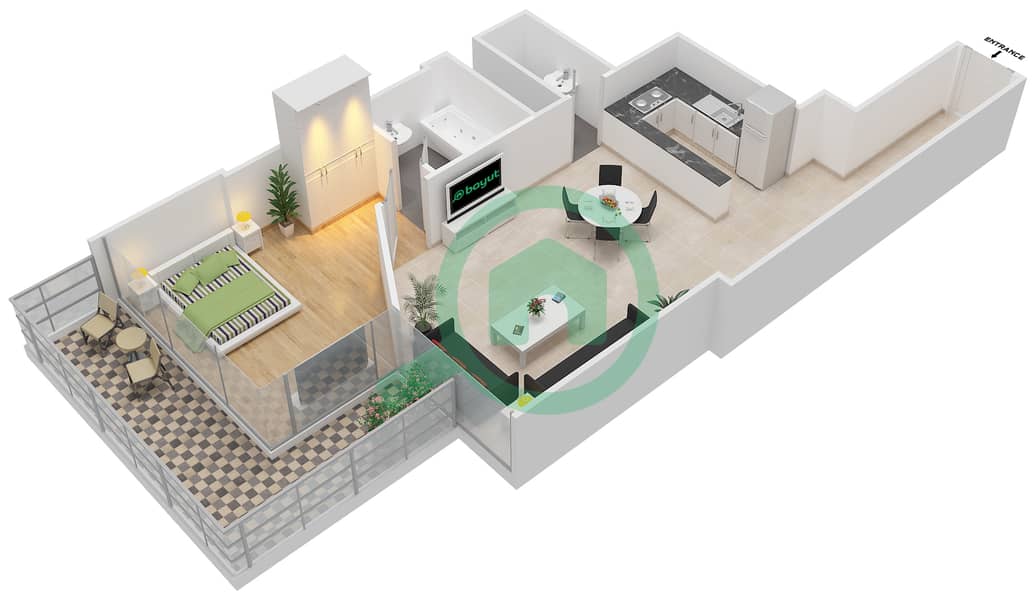 المخططات الطابقية لتصميم النموذج E شقة 1 غرفة نوم - إليت داون تاون ريزيدنس interactive3D