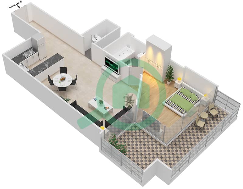 Elite 1 Downtown Residence - 1 Bedroom Apartment Type F Floor plan interactive3D