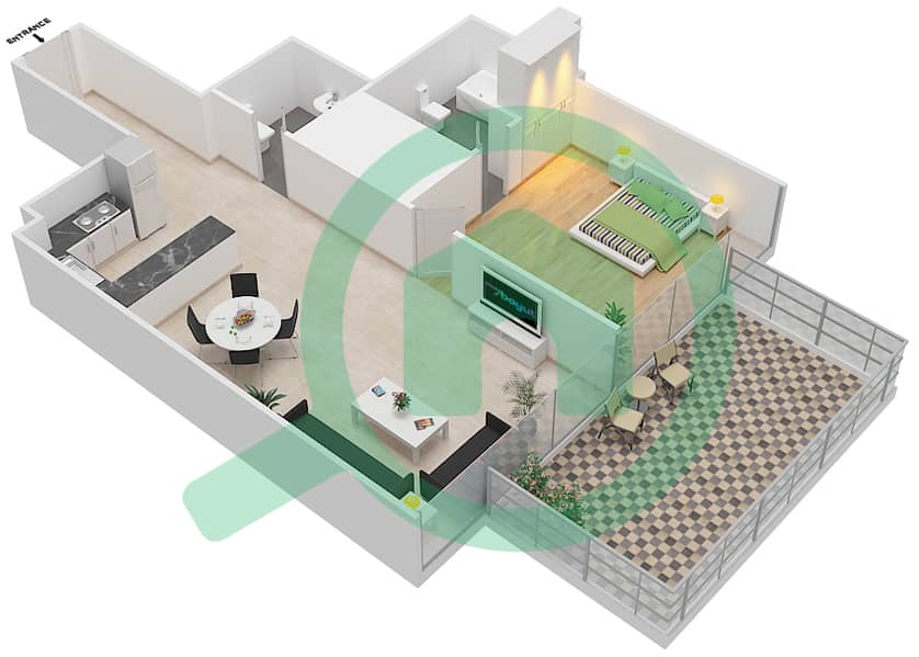 Elite 1 Downtown Residence - 1 Bedroom Apartment Type G Floor plan interactive3D