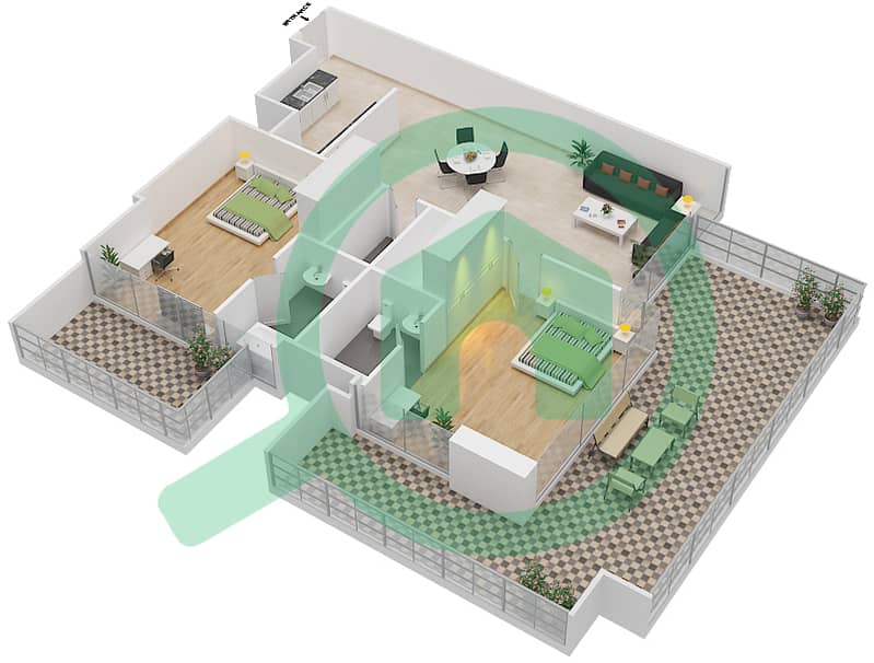 Elite 1 Downtown Residence - 2 Bedroom Apartment Type I Floor plan interactive3D