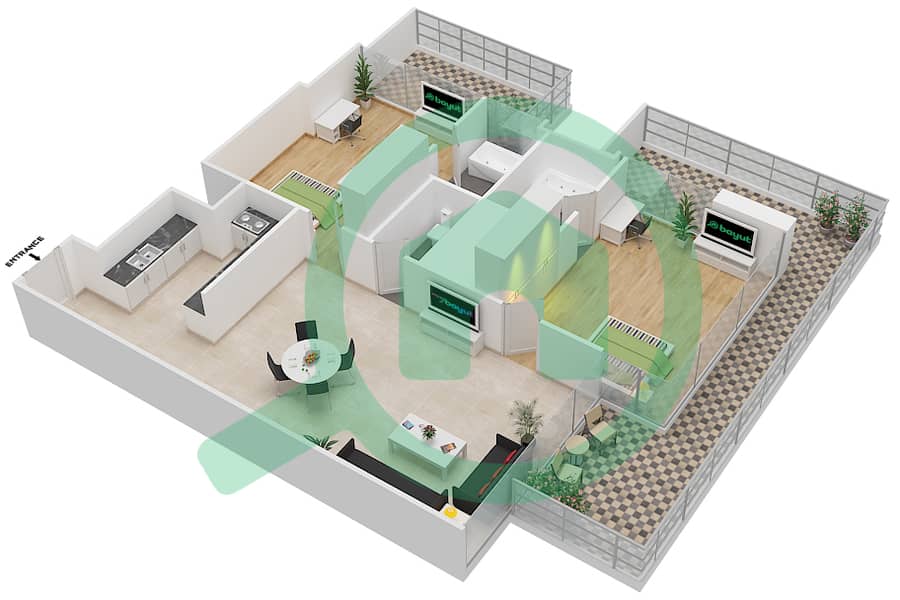 المخططات الطابقية لتصميم النموذج J شقة 2 غرفة نوم - إليت داون تاون ريزيدنس interactive3D