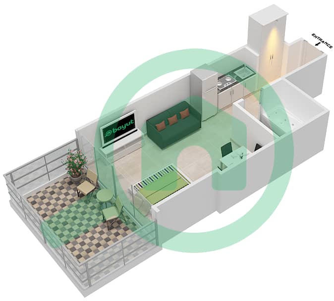Elite 1 Downtown Residence - Studio Apartment Type J Floor plan interactive3D