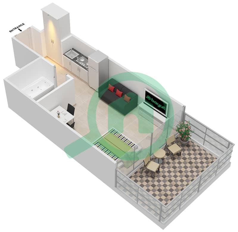 Elite 1 Downtown Residence - Studio Apartment Type K Floor plan interactive3D