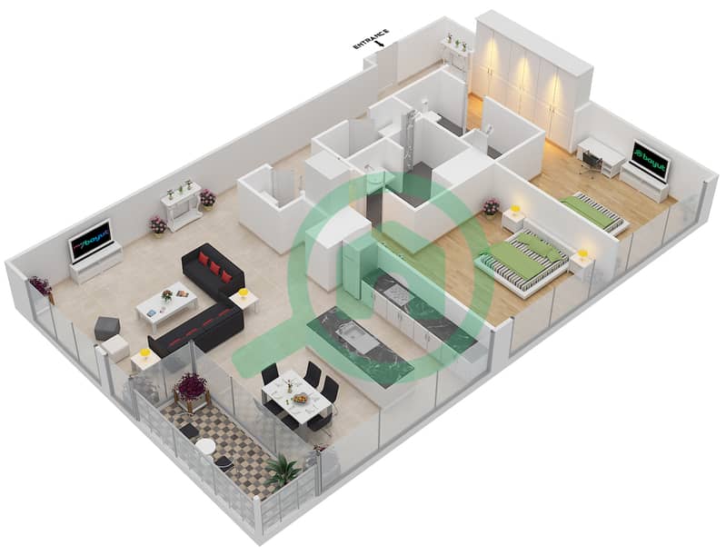 DT1 Tower - 2 Bedroom Apartment Unit 402 Floor plan interactive3D