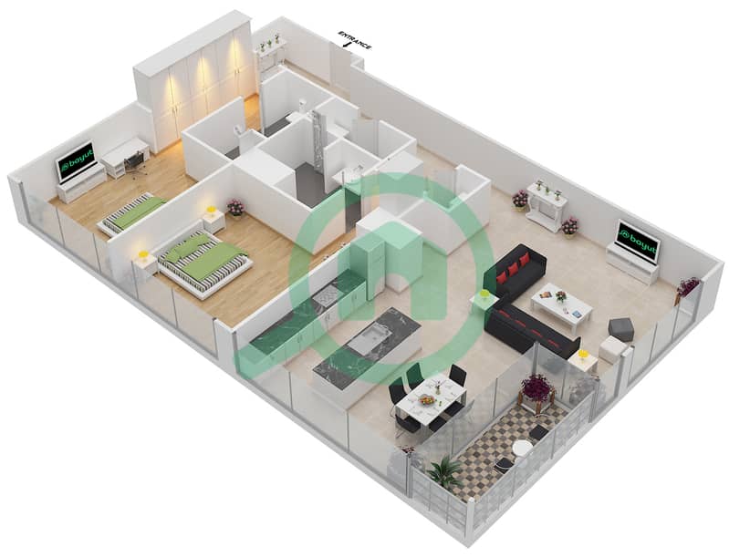 المخططات الطابقية لتصميم الوحدة 406 شقة 2 غرفة نوم - برج دي تي 1 interactive3D