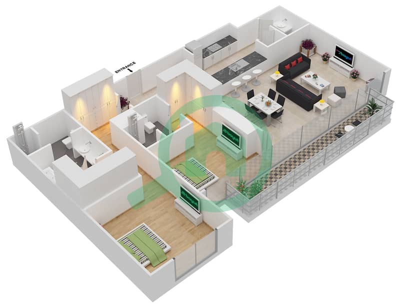 DT1 Тауэр - Апартамент 2 Cпальни планировка Единица измерения 409 interactive3D