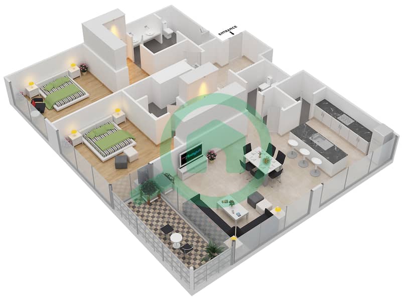 DT1 Tower - 2 Bedroom Apartment Unit 410 Floor plan interactive3D