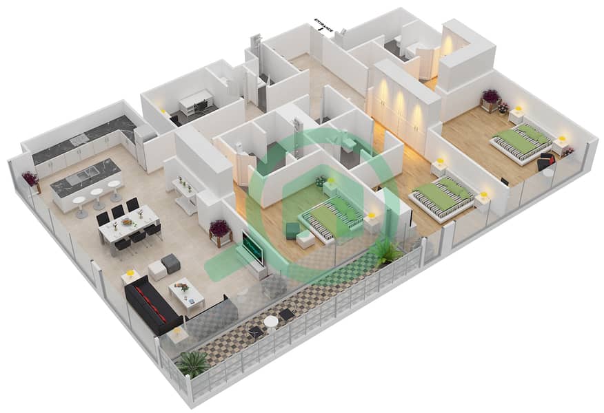 DT1 Tower - 3 Bedroom Apartment Unit 408 Floor plan interactive3D