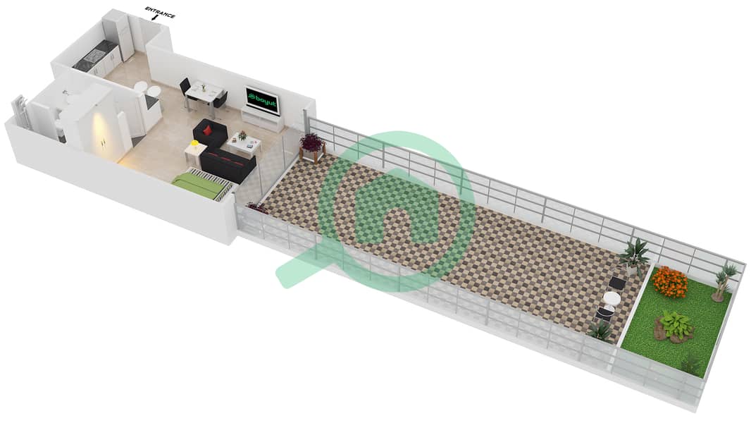 المخططات الطابقية لتصميم الوحدة 304 شقة استوديو - برج دي تي 1 interactive3D