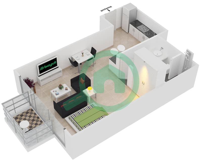 المخططات الطابقية لتصميم الوحدة 401 شقة استوديو - برج دي تي 1 interactive3D