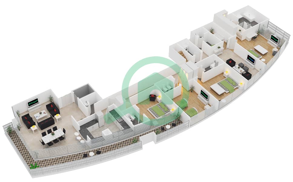 المخططات الطابقية لتصميم النموذج 1 بنتهاوس 4 غرف نوم - باي سايد ريزيدنس interactive3D