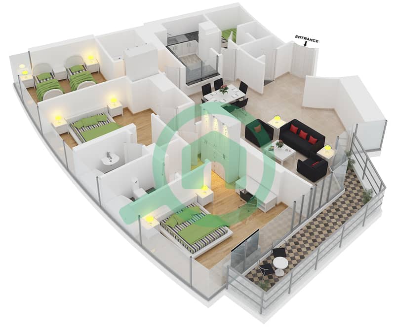 Трайдент Гранд Резиденция - Апартамент 3 Cпальни планировка Тип 2A interactive3D