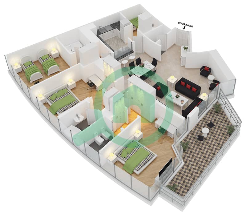 Трайдент Гранд Резиденция - Апартамент 3 Cпальни планировка Тип 2B interactive3D