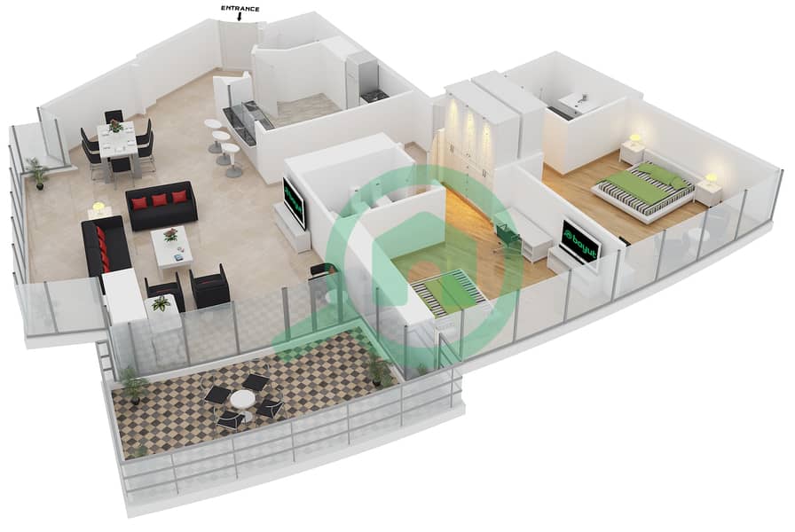 Trident Grand Residence - 2 Bedroom Apartment Type 1A Floor plan interactive3D