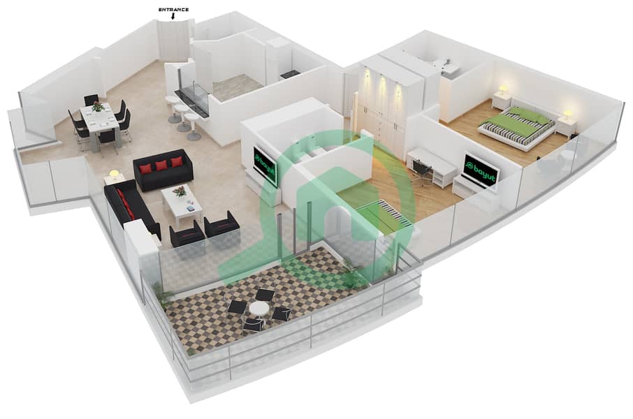 三叉戟豪华公寓 - 2 卧室公寓类型1B戶型图 interactive3D