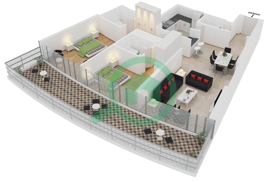 المخططات الطابقية لتصميم النموذج 3A شقة 2 غرفة نوم - ترايدنت جراند ريزيدنس interactive3D
