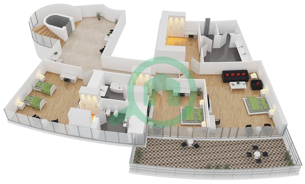三叉戟豪华公寓 - 4 卧室顶楼公寓类型PH-3戶型图 interactive3D