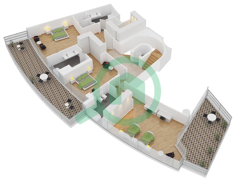 المخططات الطابقية لتصميم النموذج PH-4 بنتهاوس 4 غرف نوم - ترايدنت جراند ريزيدنس interactive3D