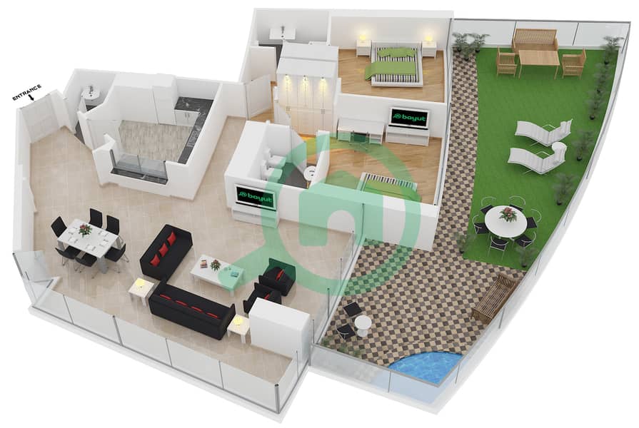 المخططات الطابقية لتصميم النموذج 1G شقة 2 غرفة نوم - ترايدنت جراند ريزيدنس interactive3D
