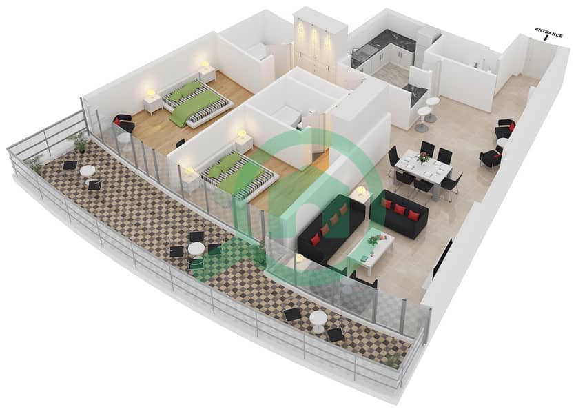 三叉戟豪华公寓 - 2 卧室公寓类型3B戶型图 interactive3D