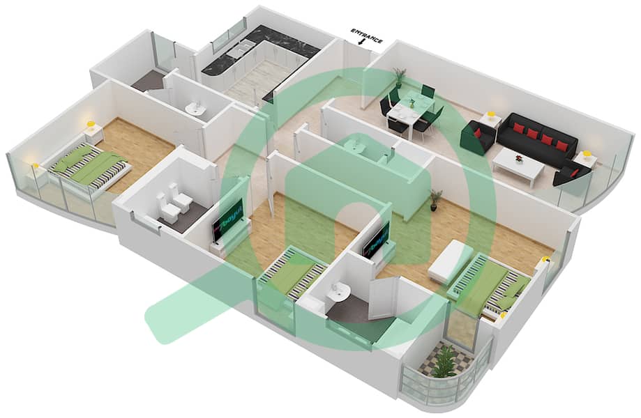 Нассер Тауэр - Апартамент 3 Cпальни планировка Тип F02  FLOOR 21-24 Floor 21-24 image3D
