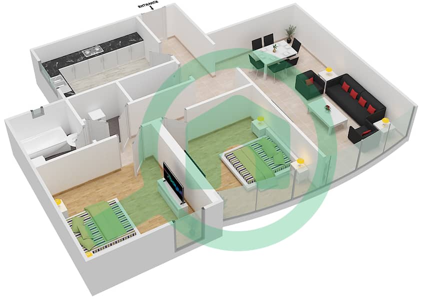 Нассер Тауэр - Апартамент 2 Cпальни планировка Тип F06  FLOOR 21-24 Floor 21-24 image3D